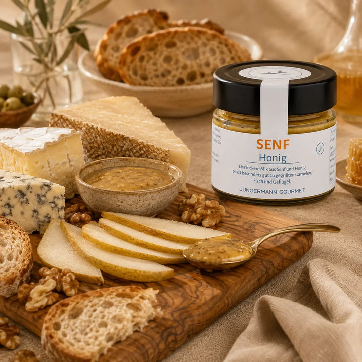 Jungermann Gourmet Senf mit Honig zu Käse, Birne und Brot