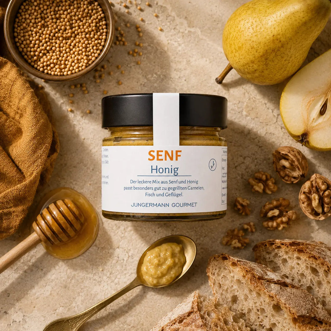 Jungermann Gourmet Senf mit Honig mit Birne, Walnüssen und Senfsaat