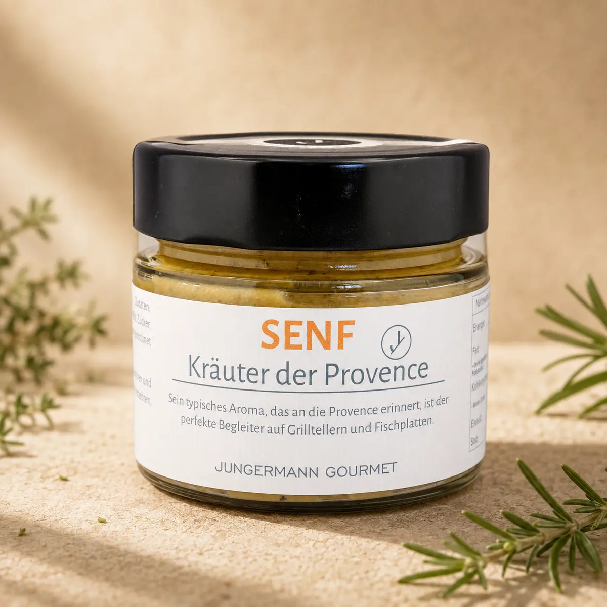 Jungermann Gourmet Senf mit Kräutern der Provence – Premium Packshot