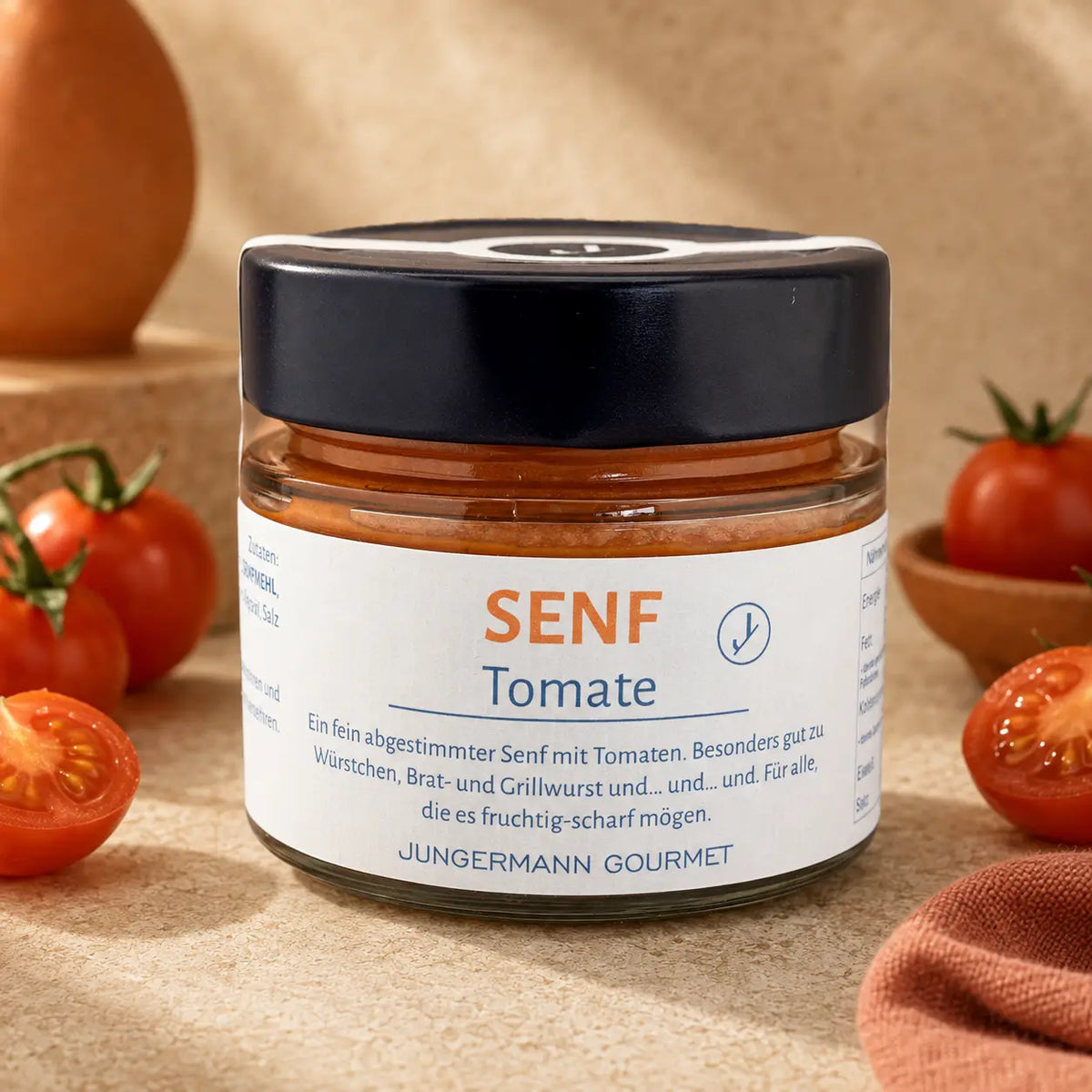 Jungermann Gourmet Senf mit Tomate im Glas – Premium Packshot
