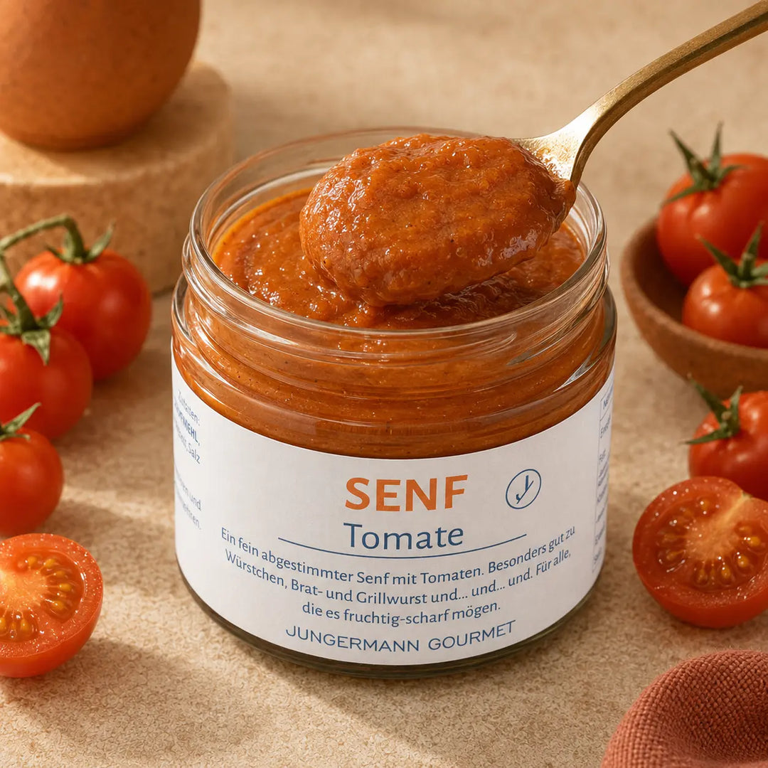 Senf mit Tomate von Jungermann Gourmet – fruchtige Textur auf dem Löffel