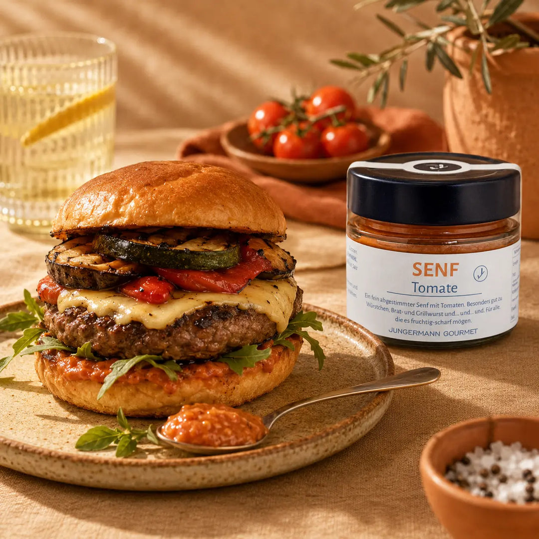 Jungermann Gourmet Senf mit Tomate zu Burger und Grillgemüse