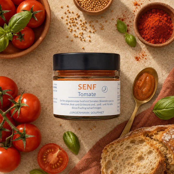 Jungermann Gourmet Senf mit Tomate mit Tomaten, Basilikum und Senfsaat