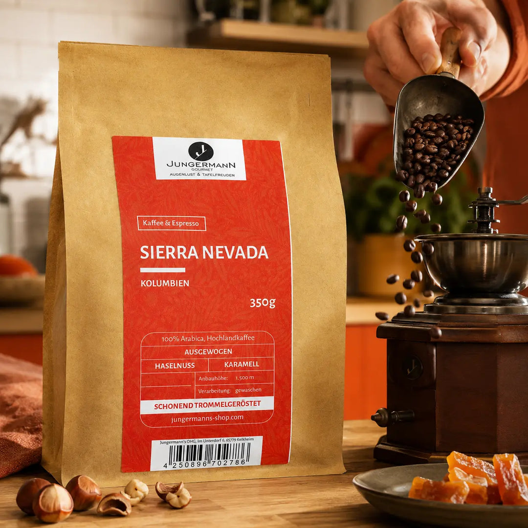 Sierra Nevada Kaffee beim Mahlen mit Haselnuss und Karamell als Aromahinweise