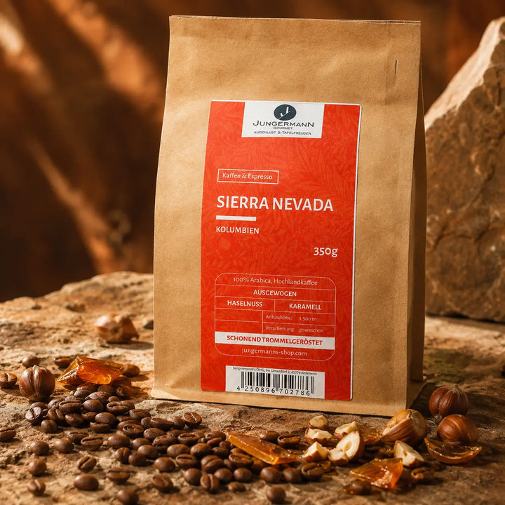 Sierra Nevada Kaffeebohnen mit Haselnuss und Karamell als Aromahinweise