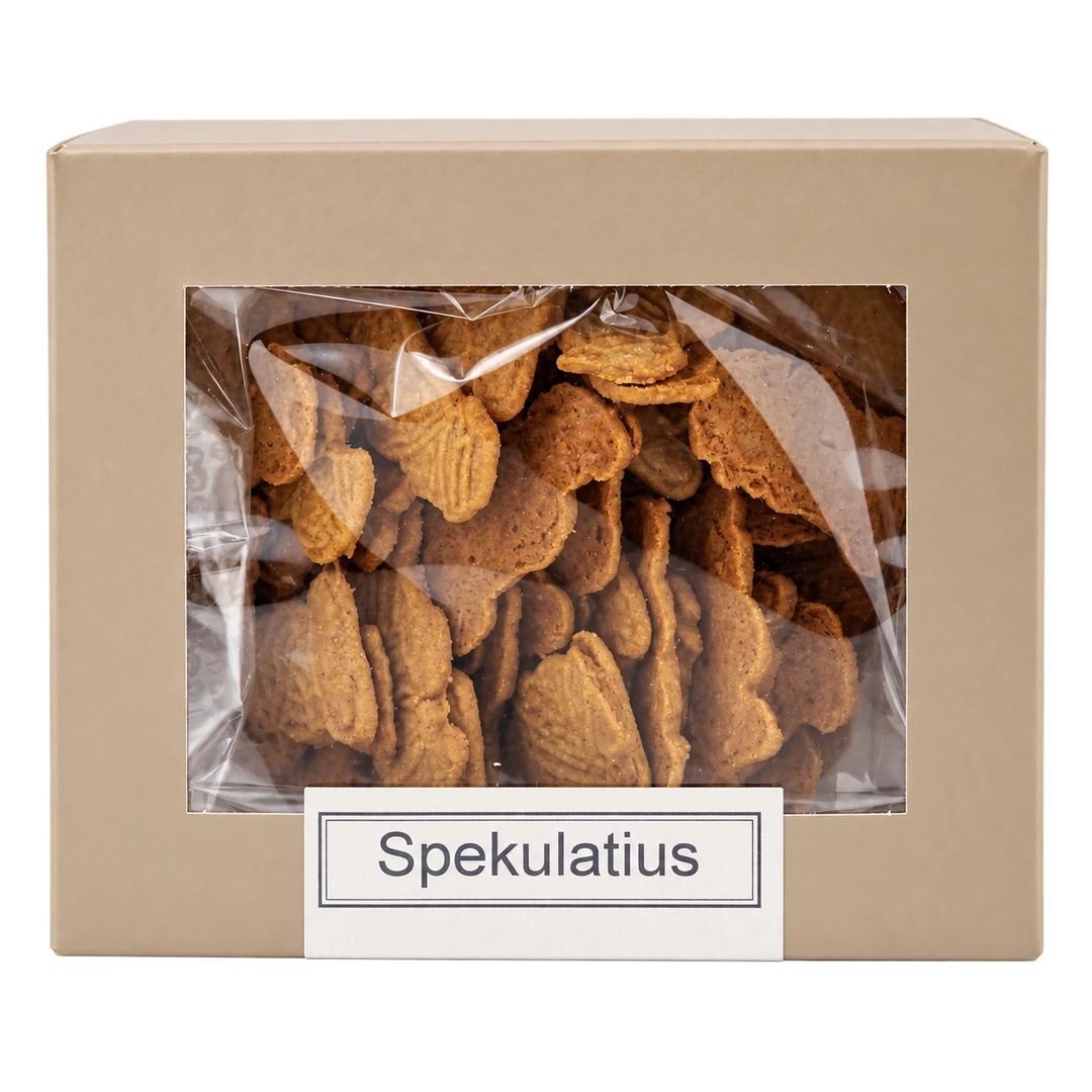Spekulatius von Jungermann Gourmet in der Gebäckschachtel mit Sichtfenster – freigestellte Frontalansicht.