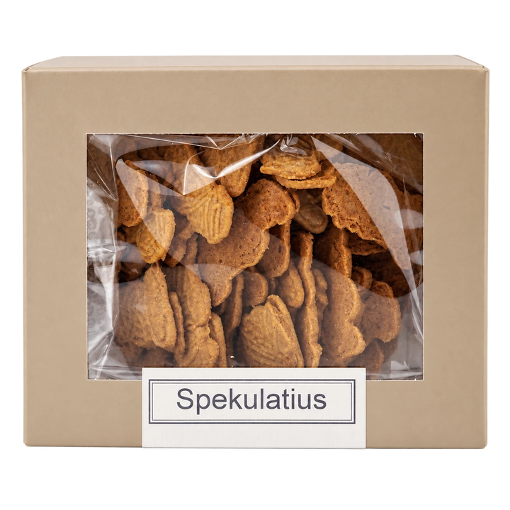 Spekulatius von Jungermann Gourmet in der Gebäckschachtel mit Sichtfenster – freigestellte Frontalansicht.