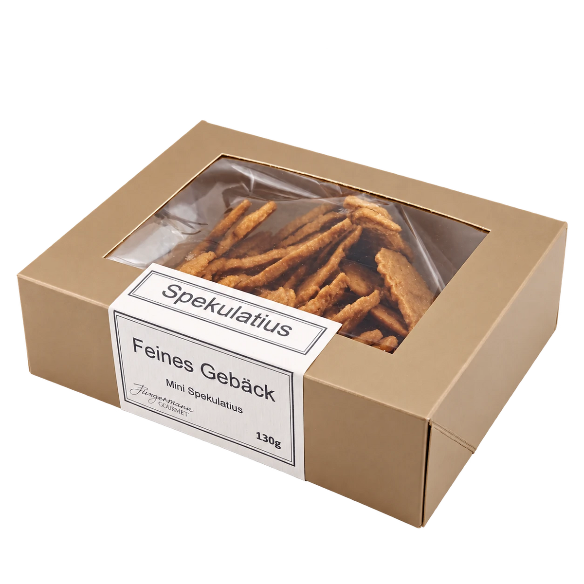 Spekulatius von Jungermann Gourmet in der Gebäckschachtel mit Sichtfenster – freigestellte Produktansicht.