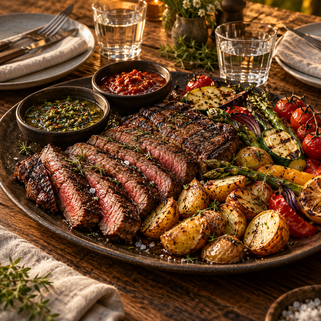 BBQ-Genusstisch mit Steak, Kartoffeln, Grillgemüse und Dips