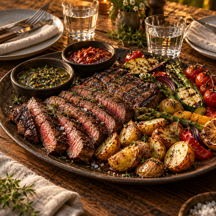BBQ-Genusstisch mit Steak, Kartoffeln, Grillgemüse und Dips