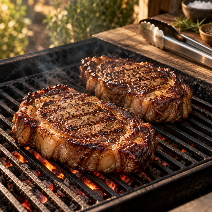 Steaks beim Grillen auf einem heißen Rost