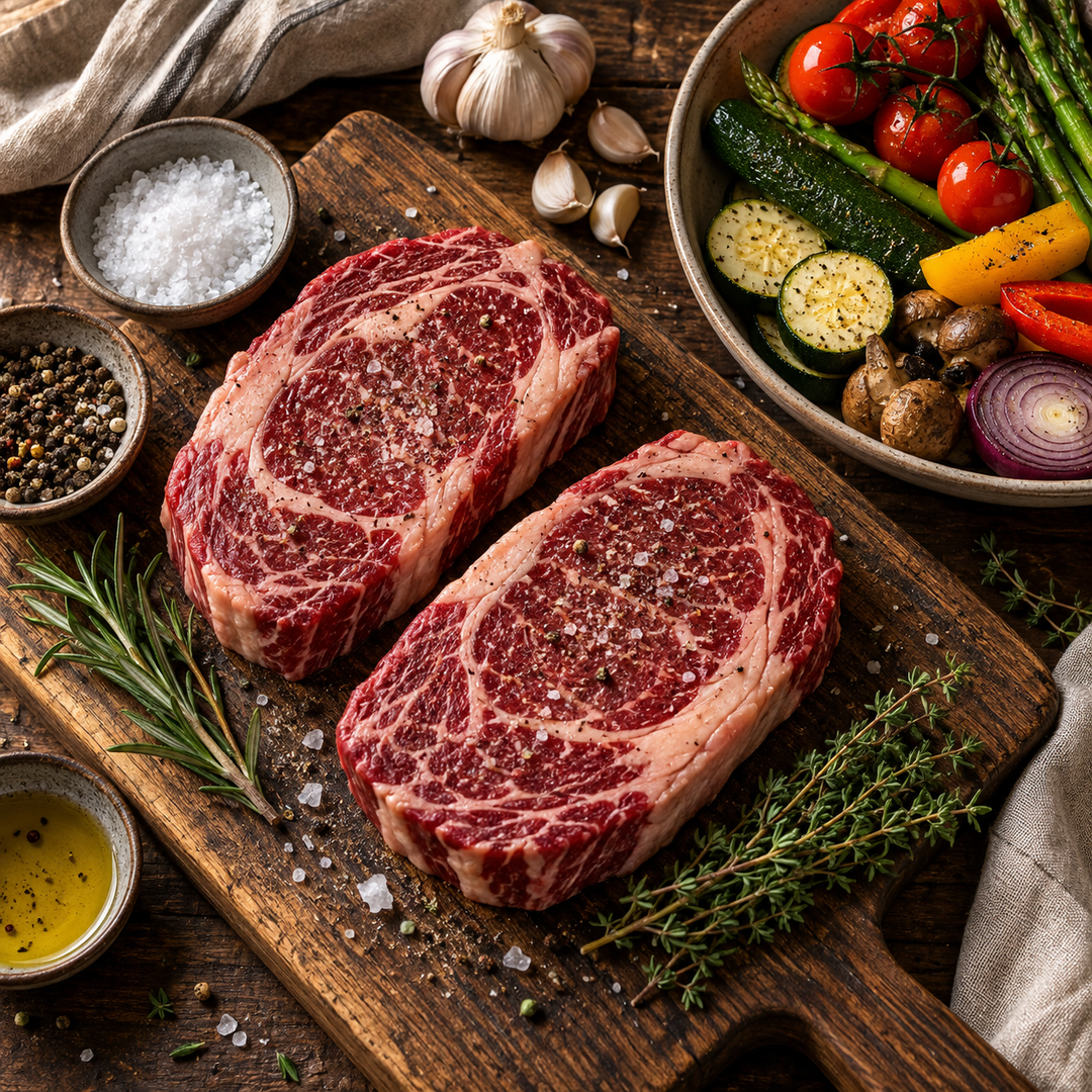 Steaks, Kräuter, Gewürze und Gemüse für Steak &amp; BBQ