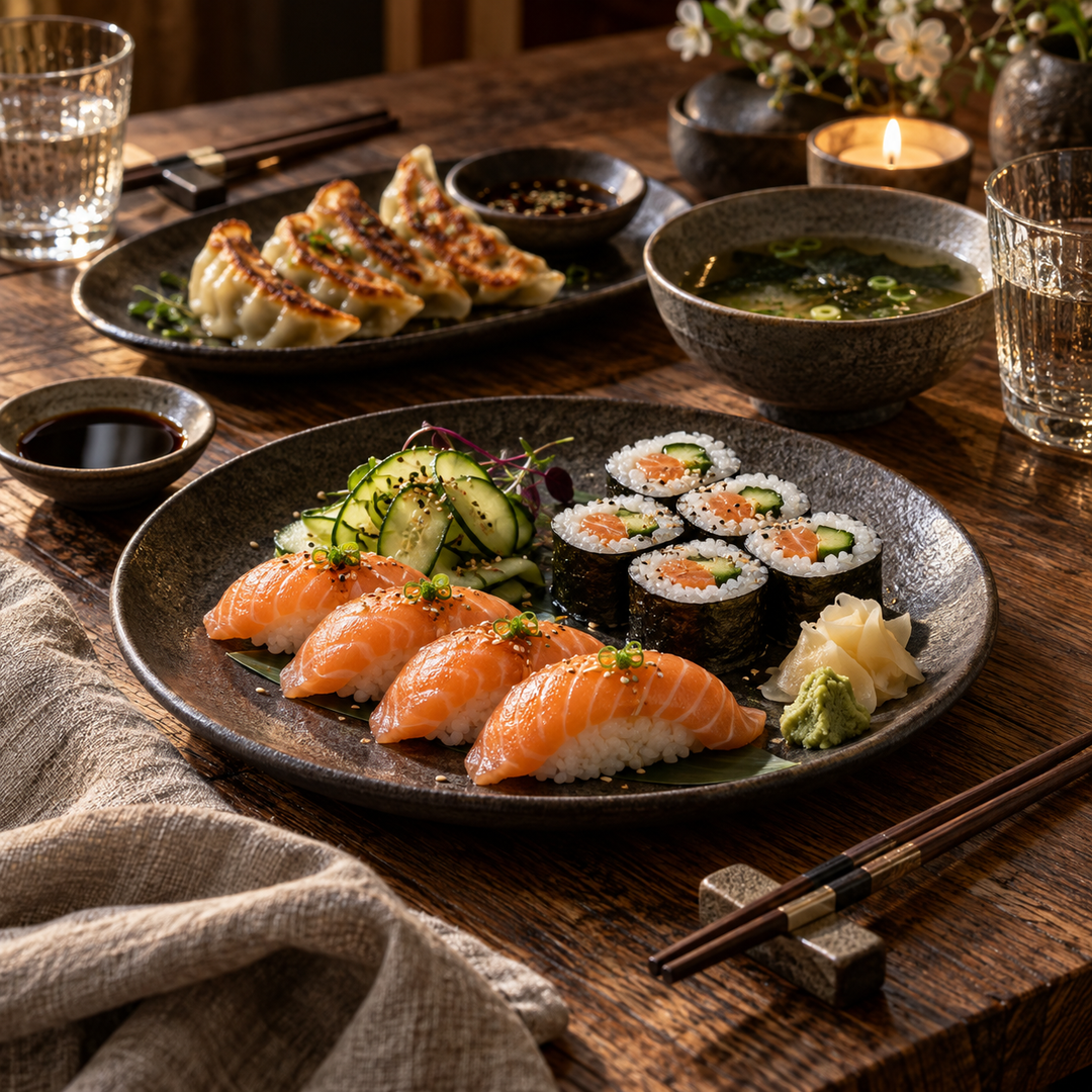 Gedeckter Tisch mit Sushi, Gyoza und japanischen Speisen
