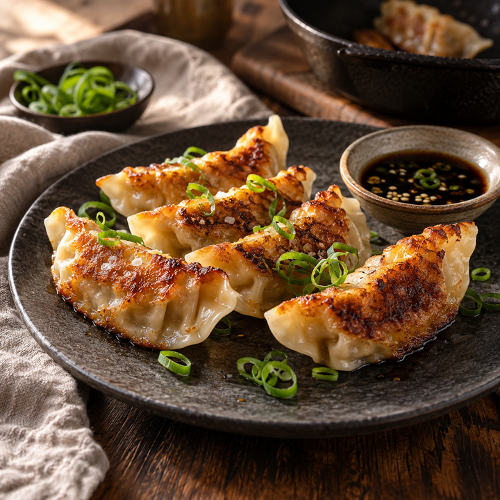 Goldbraun gebratene Gyoza mit Dip – japanische Küche