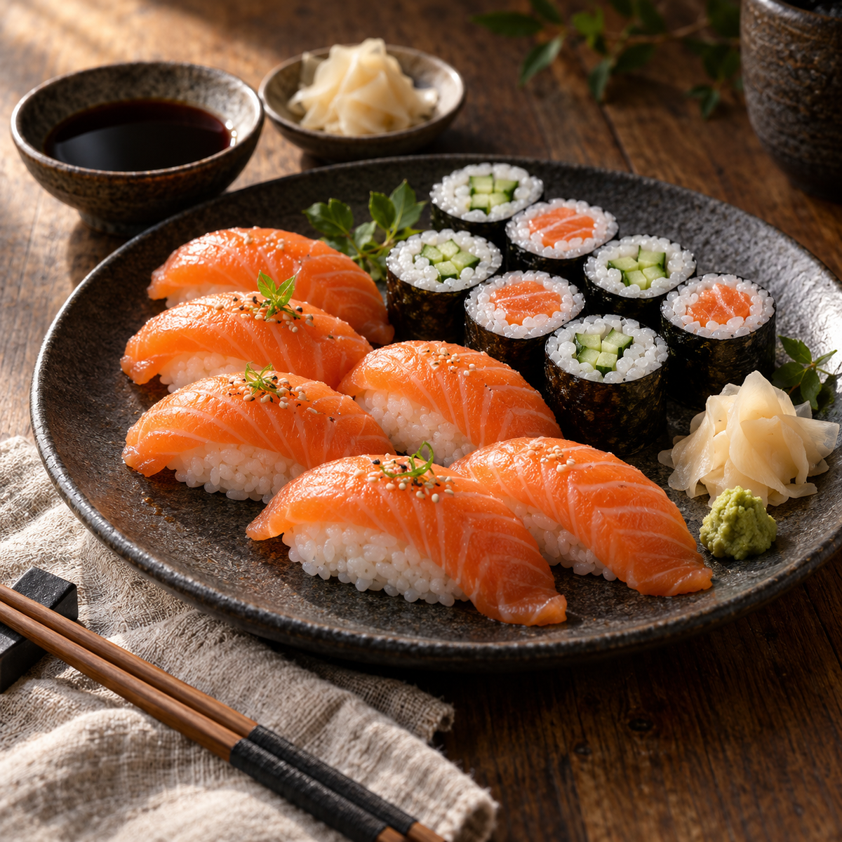 Sushi und Maki auf dunkler Keramik – Kochkurs Sushi & Japanische Küche