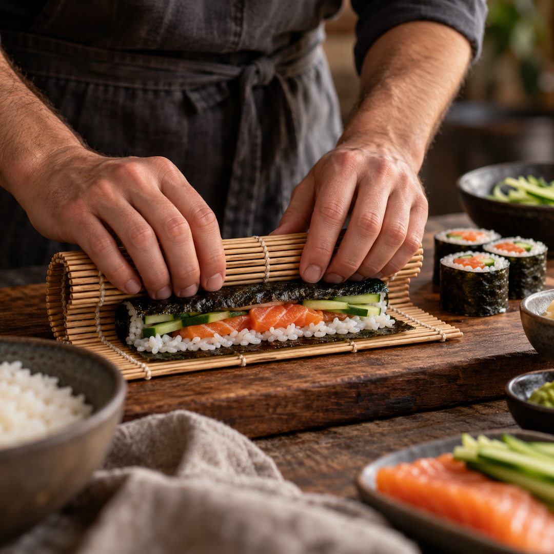 Sushi-Rolle auf der Bambusmatte formen – japanisches Küchenhandwerk