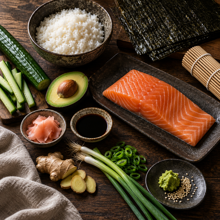 Zutaten für Sushi mit Lachs, Reis, Nori und Gemüse