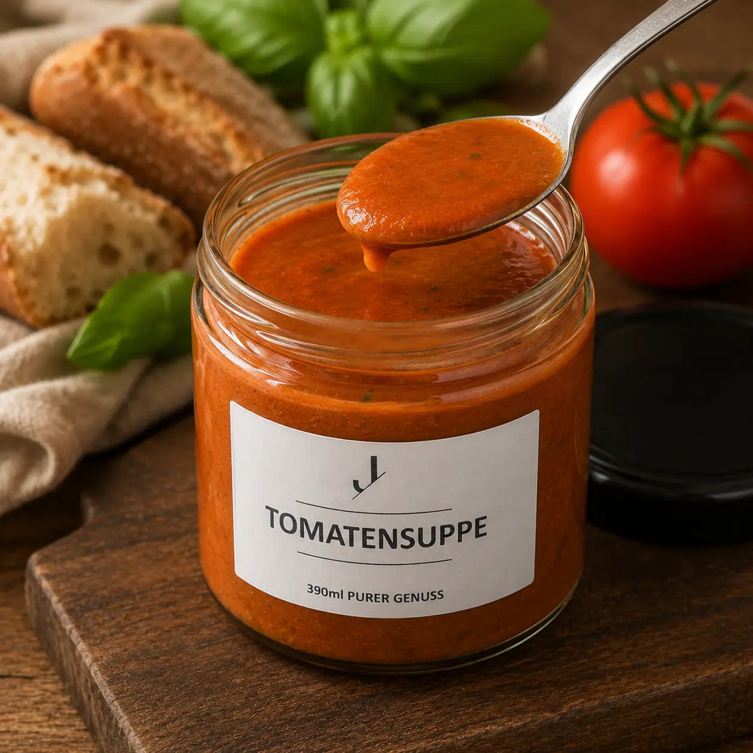 Tomatensuppe von Jungermann Gourmet im geöffneten Glas mit Löffel