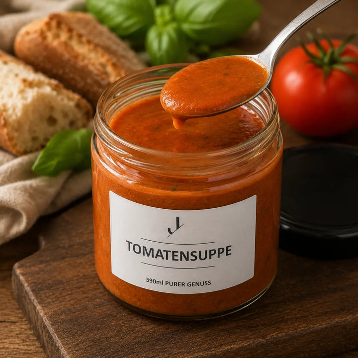 Tomatensuppe von Jungermann Gourmet im geöffneten Glas mit Löffel