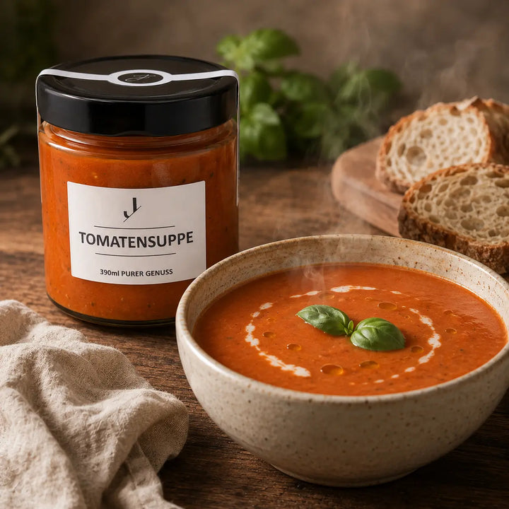 Tomatensuppe von Jungermann Gourmet mit Basilikum, Olivenöl und Brot