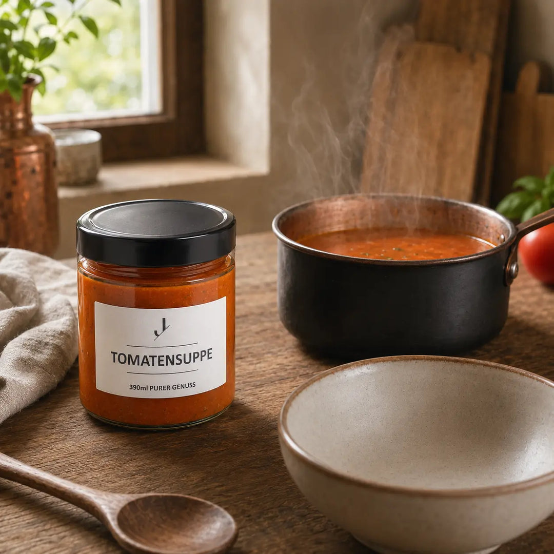 Tomatensuppe von Jungermann Gourmet beim schonenden Erwärmen im Topf