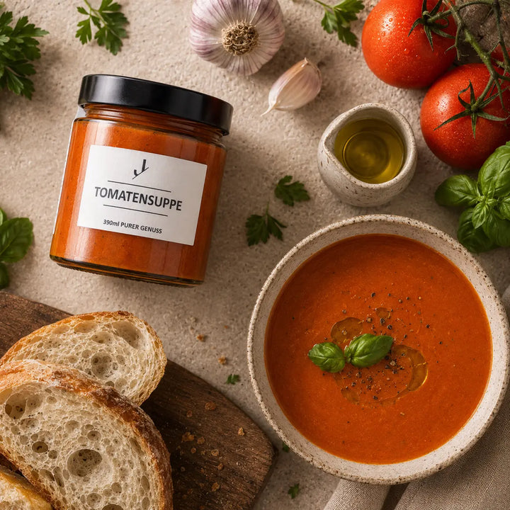 Tomatensuppe von Jungermann Gourmet mit Tomaten, Knoblauch, Kräutern und Brot
