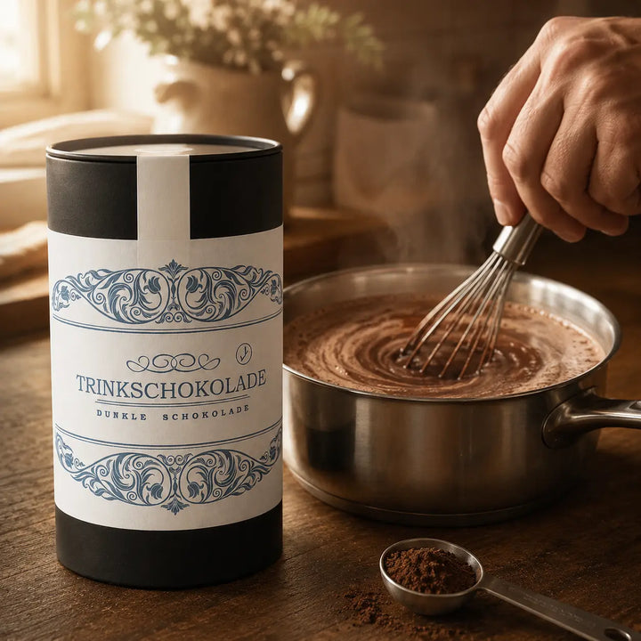 Dunkle Trinkschokolade beim Aufschlagen mit heißer Milch im Topf