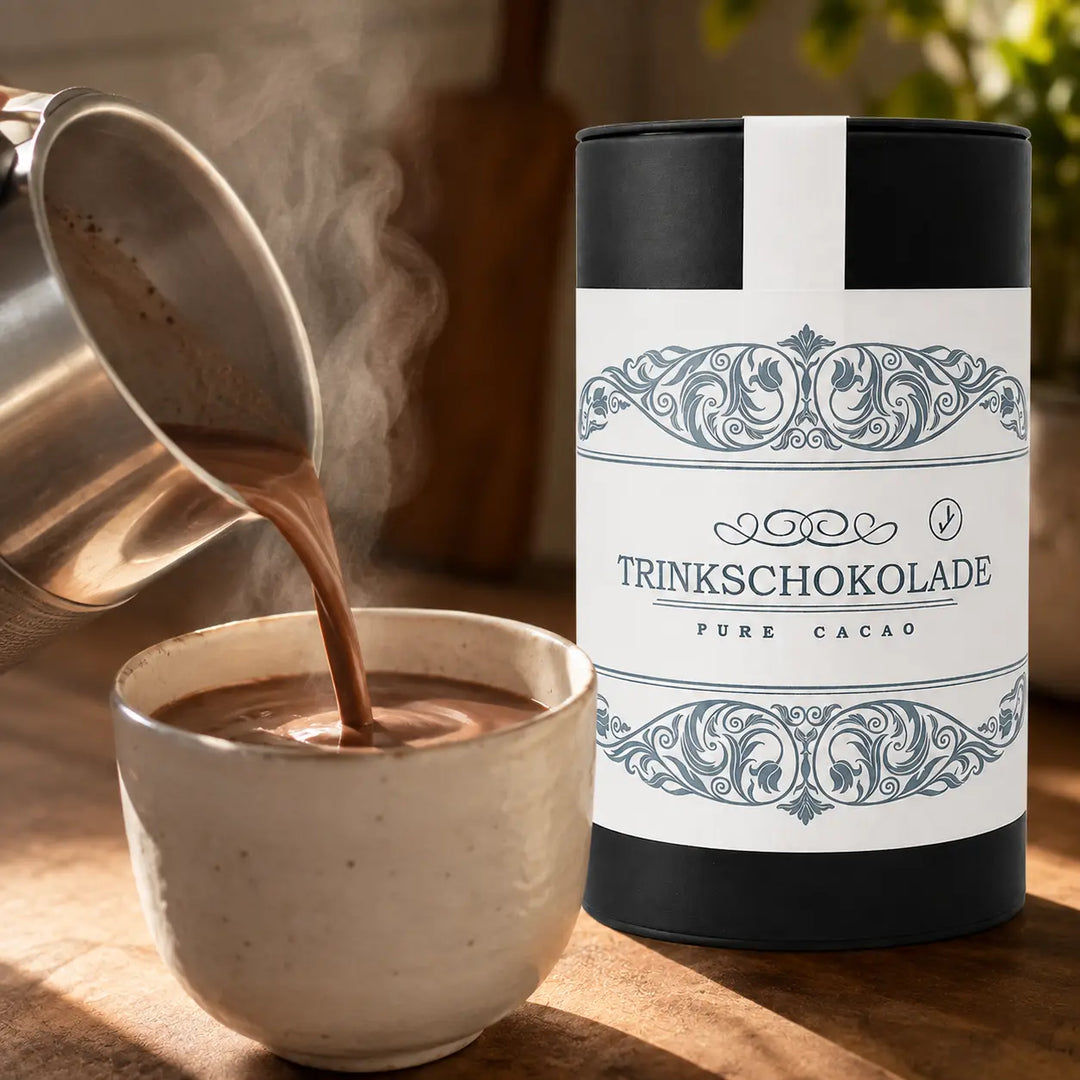 Pure-Cacao-Trinkschokolade beim Eingießen in eine Keramiktasse