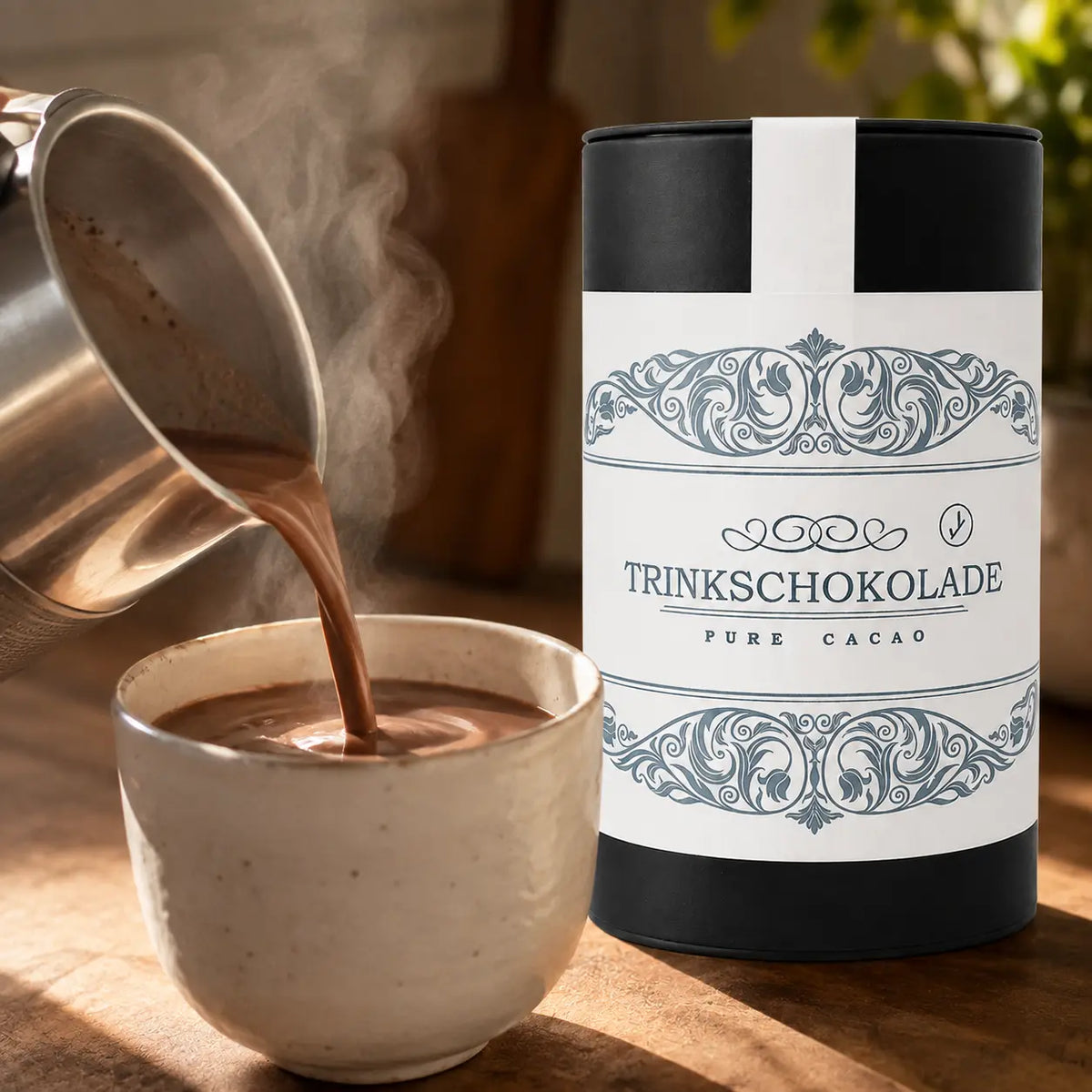 Pure-Cacao-Trinkschokolade beim Eingießen in eine Keramiktasse
