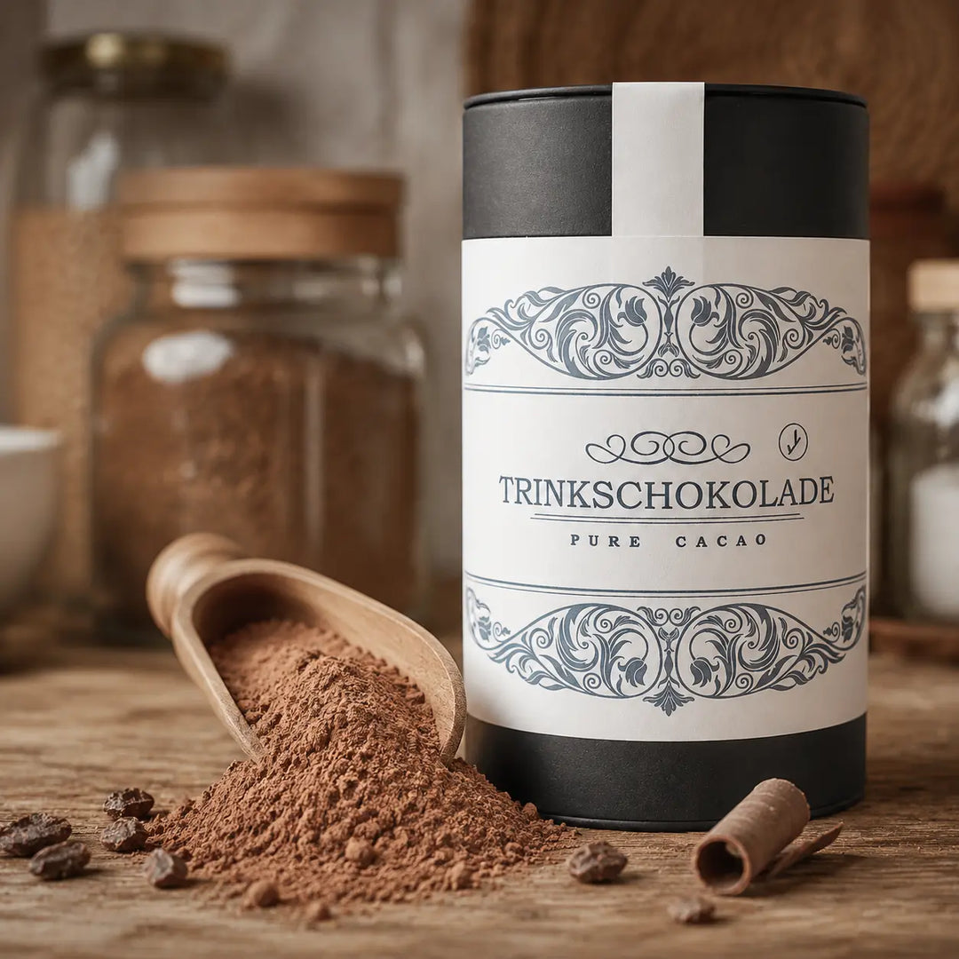 Feines Pure-Cacao-Trinkschokoladenpulver mit Kakaonibs und Schokoladenröllchen