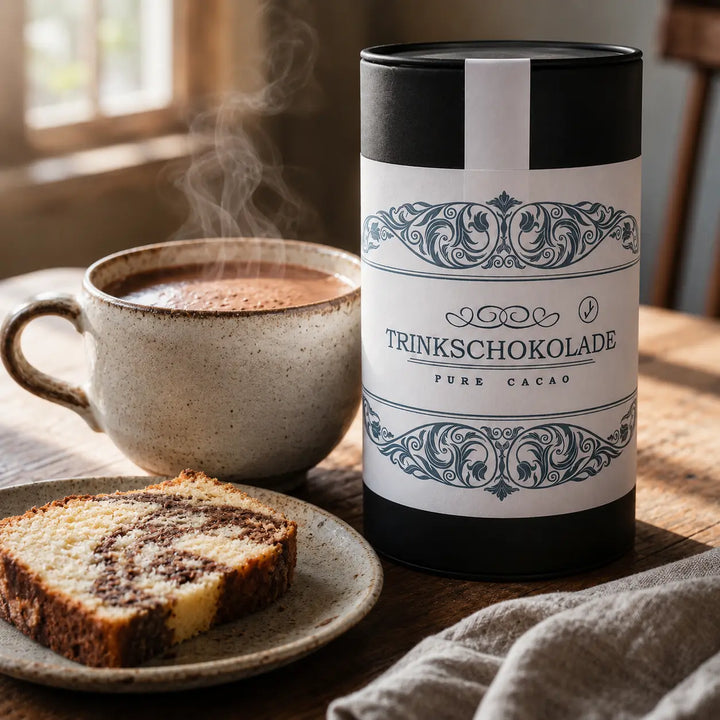 Cremige Pure-Cacao-Trinkschokolade mit Marmorkuchen am Nachmittag
