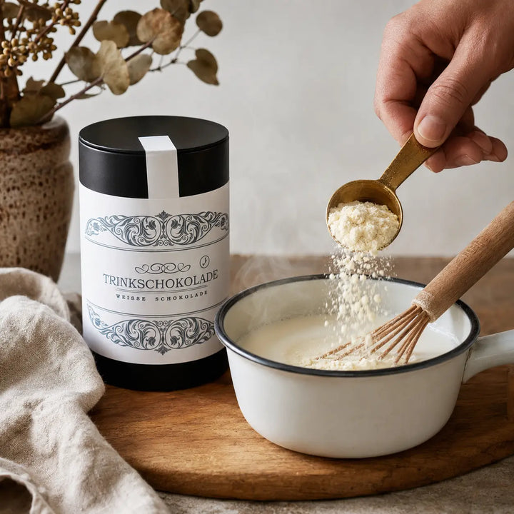 Weiße Trinkschokolade beim Zugeben zu heißer Milch im Topf