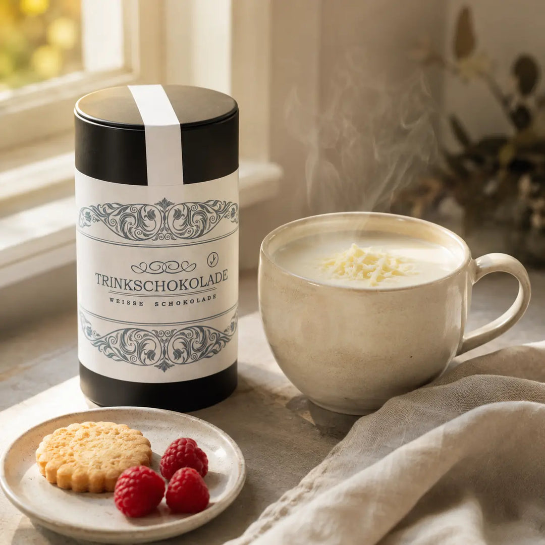 Cremige weiße Trinkschokolade mit Buttergebäck und Himbeeren