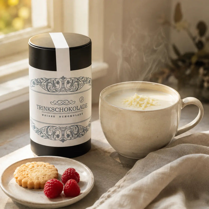Cremige weiße Trinkschokolade mit Buttergebäck und Himbeeren