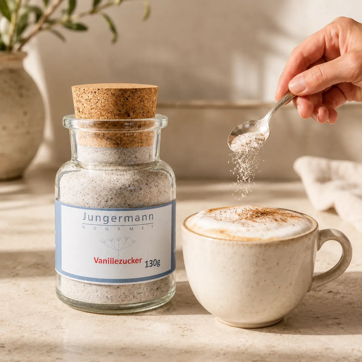Vanillezucker von Jungermann Gourmet beim Bestreuen eines Cappuccinos