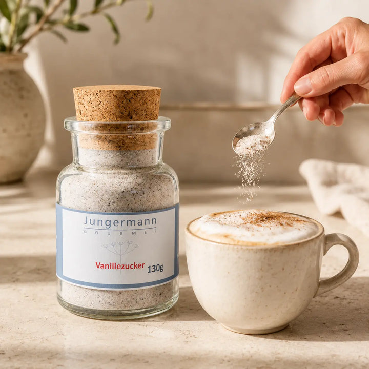 Vanillezucker von Jungermann Gourmet beim Bestreuen eines Cappuccinos