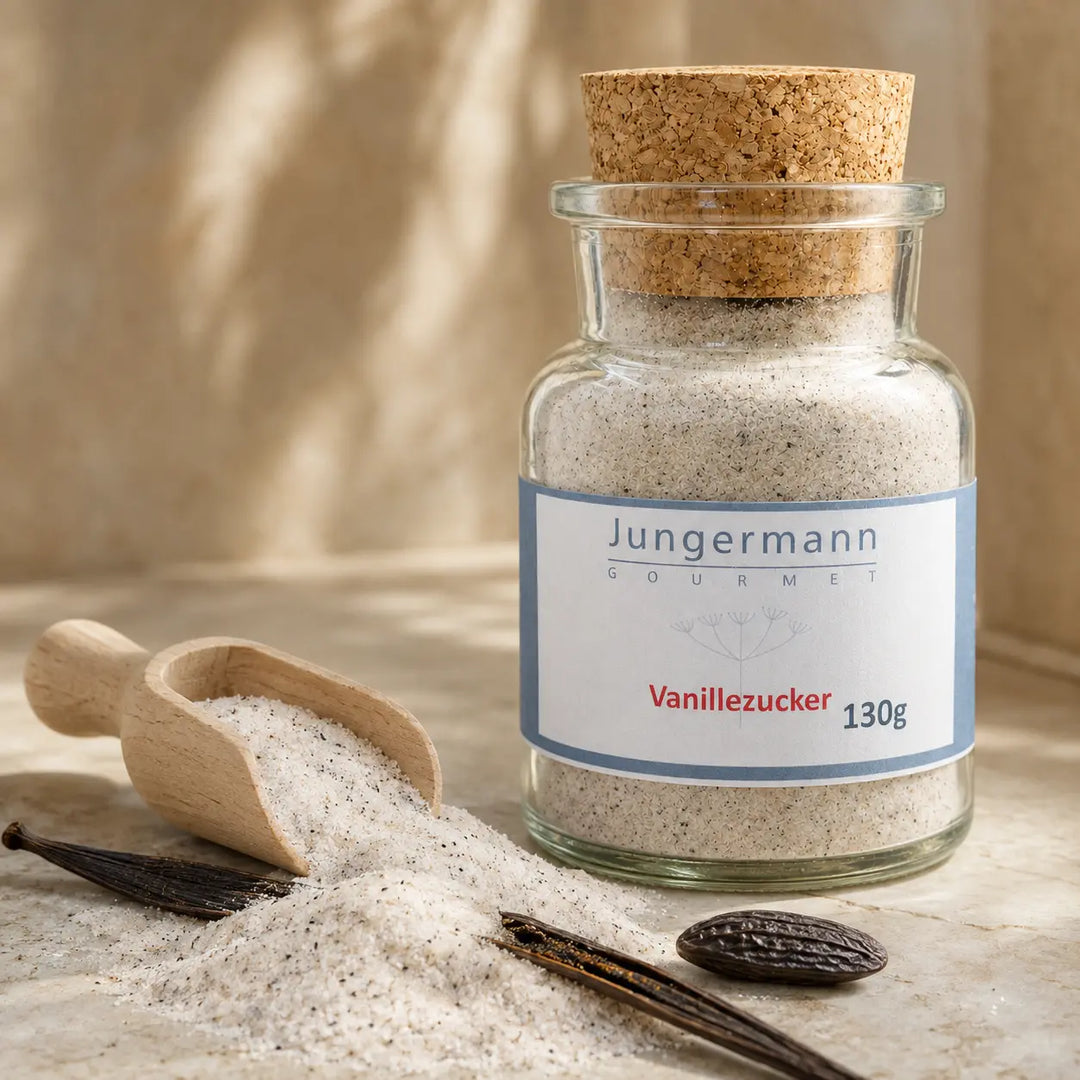 Vanillezucker mit Tahiti-Vanille, Tonkabohne und Holzschaufel