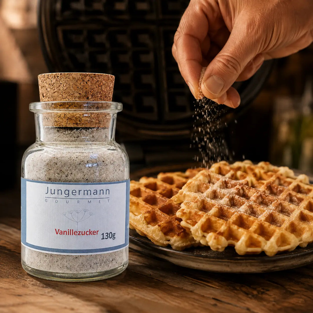 Vanillezucker beim Bestreuen frisch gebackener Waffeln