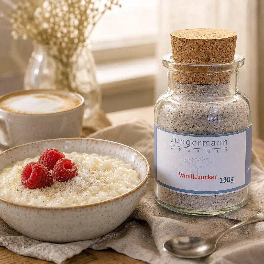 Vanillezucker mit cremigem Milchreis, Himbeeren und Cappuccino