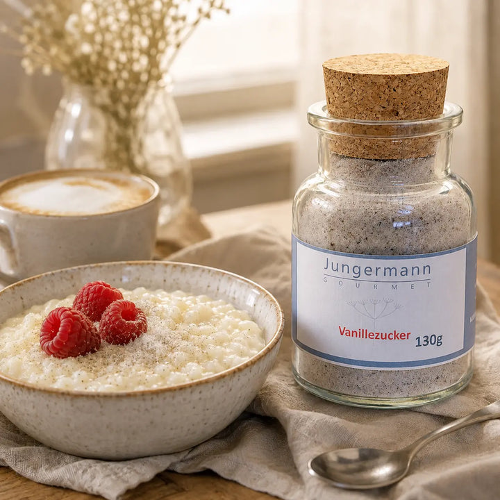 Vanillezucker mit cremigem Milchreis, Himbeeren und Cappuccino