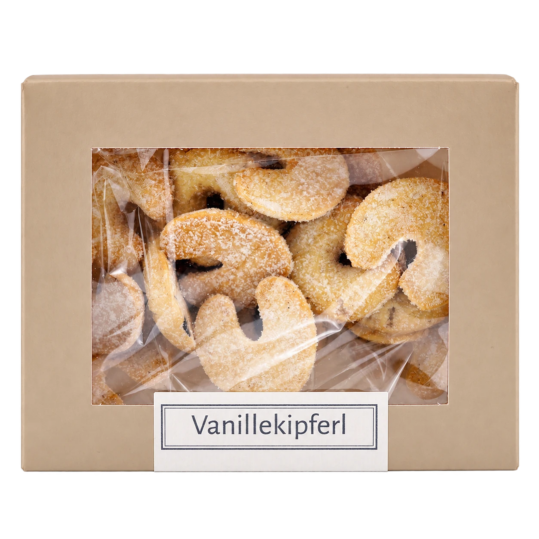 Vanillekipferl von Jungermann Gourmet in der Gebäckschachtel mit Sichtfenster – freigestellte Frontalansicht.