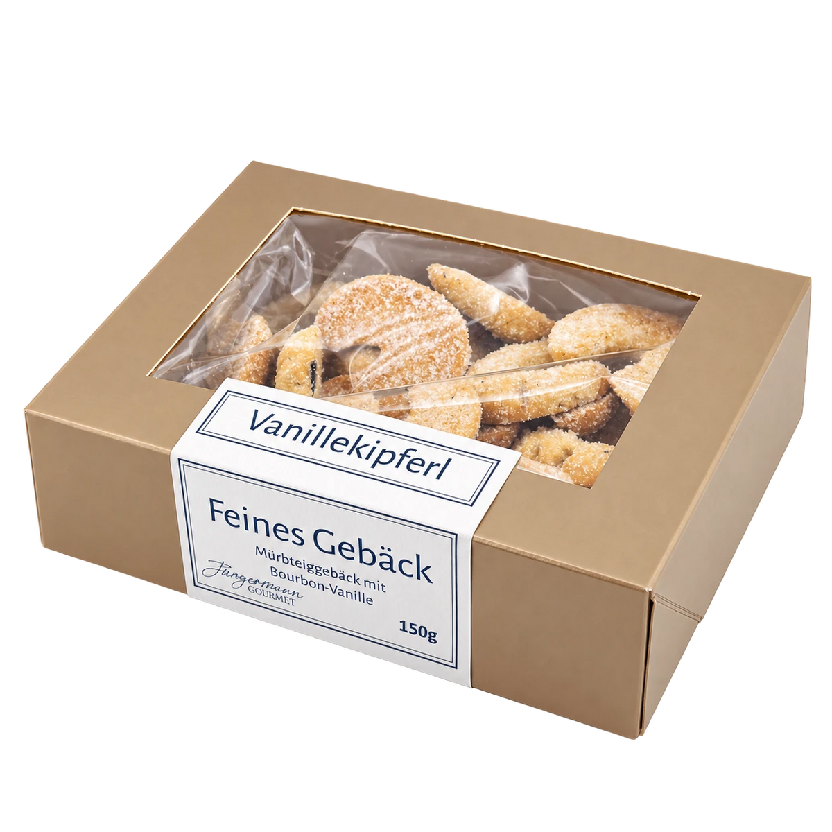 Vanillekipferl von Jungermann Gourmet in der Gebäckschachtel mit Sichtfenster – freigestellte Produktansicht.
