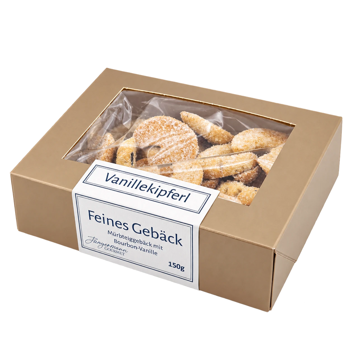Vanillekipferl von Jungermann Gourmet in der Gebäckschachtel mit Sichtfenster – freigestellte Produktansicht.