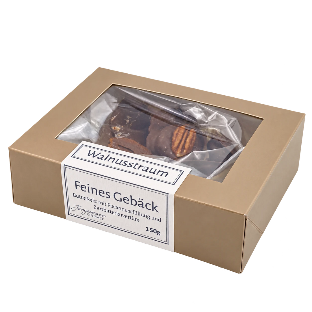 Walnusstraum von Jungermann Gourmet in der Gebäckschachtel mit Sichtfenster – freigestellte Produktansicht.