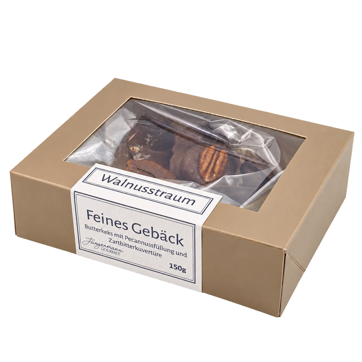 Walnusstraum von Jungermann Gourmet in der Gebäckschachtel mit Sichtfenster – freigestellte Produktansicht.