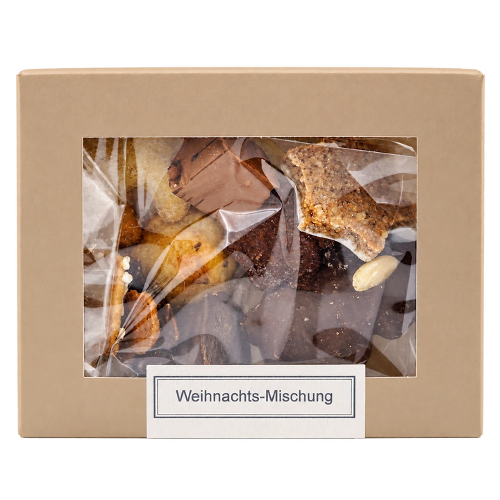 Weihnachts-Mischung von Jungermann Gourmet in der Gebäckschachtel mit Sichtfenster – freigestellte Frontalansicht.