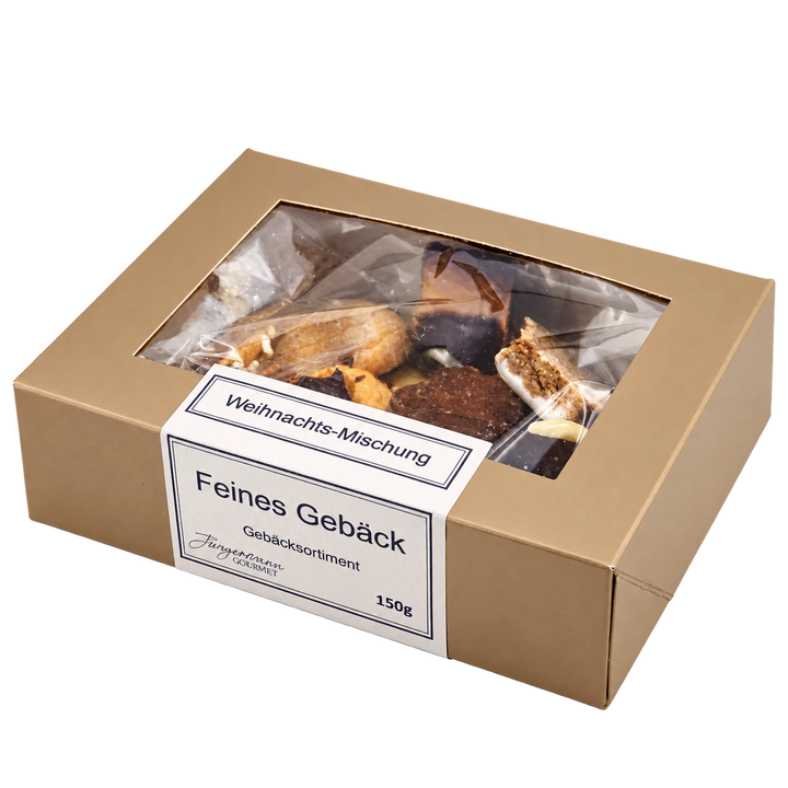 Weihnachts-Mischung von Jungermann Gourmet in der Gebäckschachtel mit Sichtfenster – freigestellte Produktansicht.