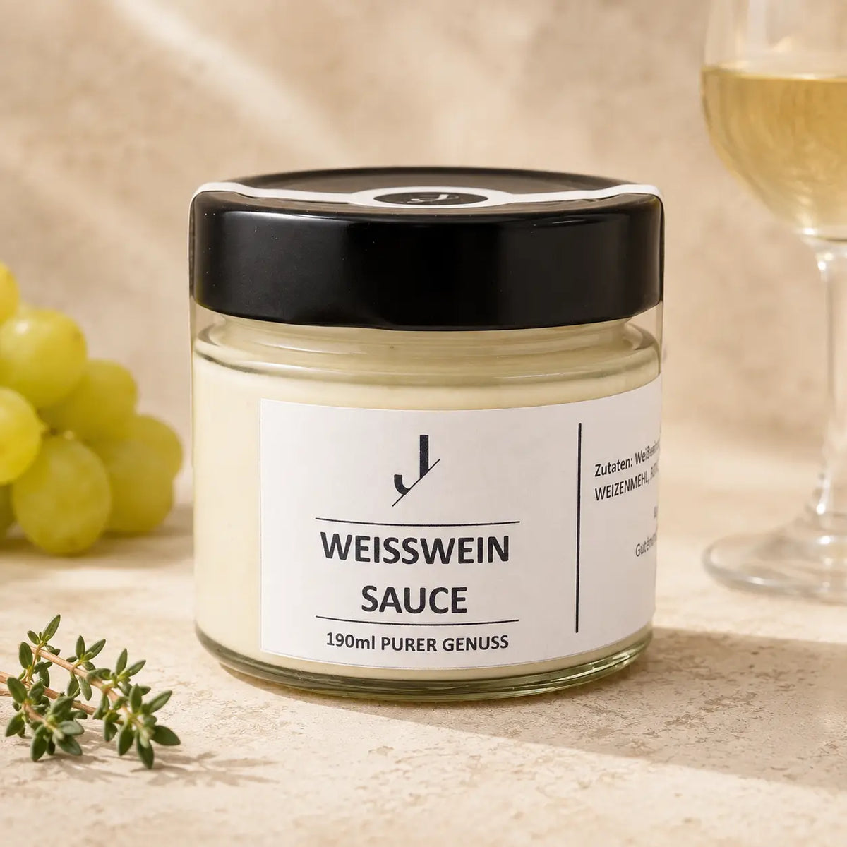 Jungermann Gourmet Weißwein-Sauce im Glas – Premium Packshot