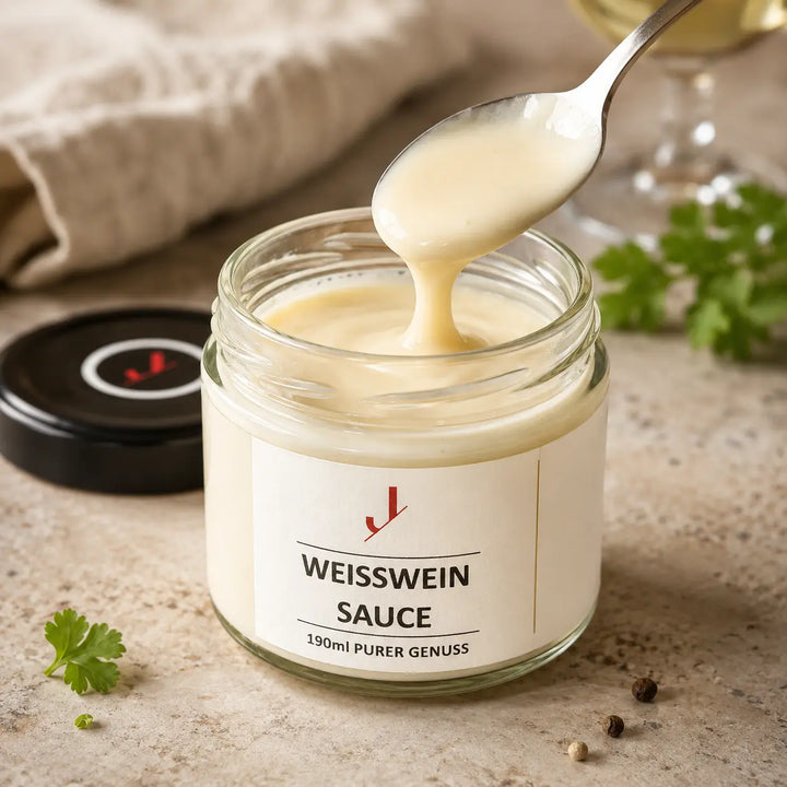 Weißwein-Sauce von Jungermann Gourmet – cremige Textur auf dem Löffel