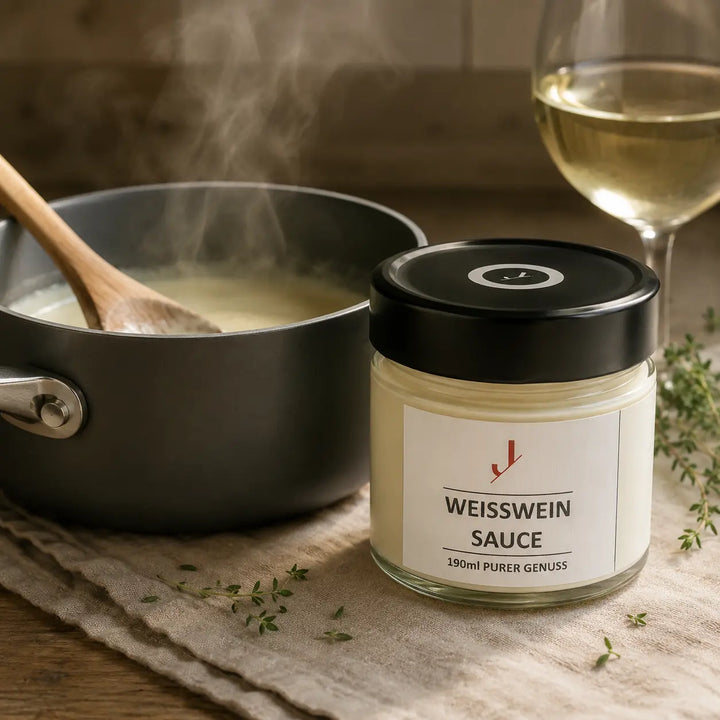 Weißwein-Sauce von Jungermann Gourmet schonend im Topf erwärmen